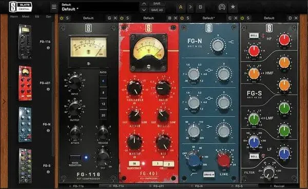 image to slate digital virtual mix rack 2 plugin with differents modules in black, red blue with switches,buttons and sliders.