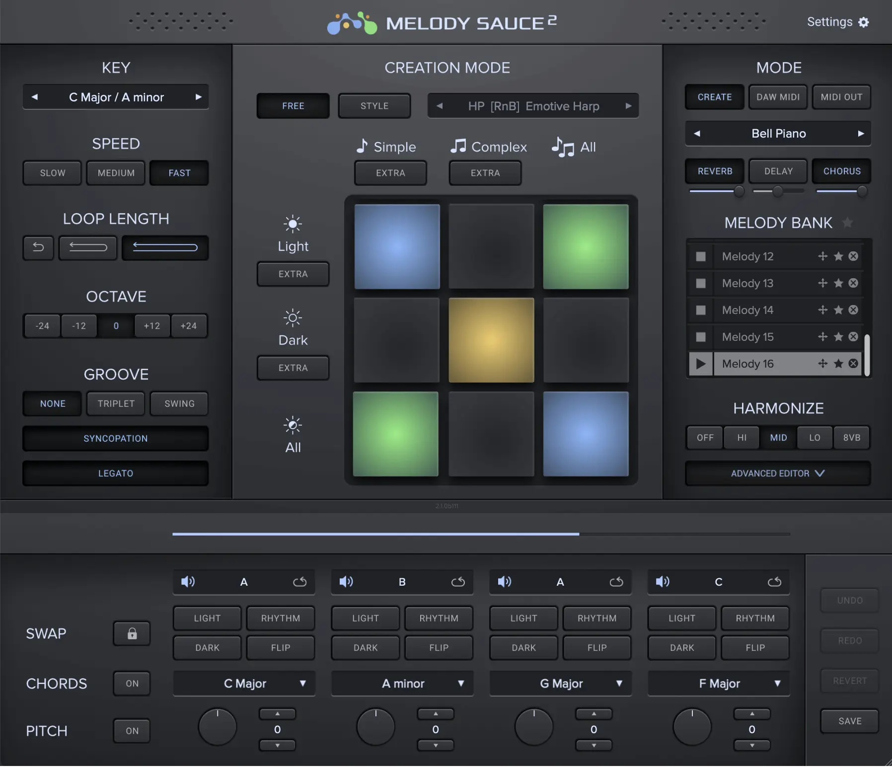 image to melody sauce 2 plugin, with button's, slider's and blue,yellow,green square's in obscure grey mark.