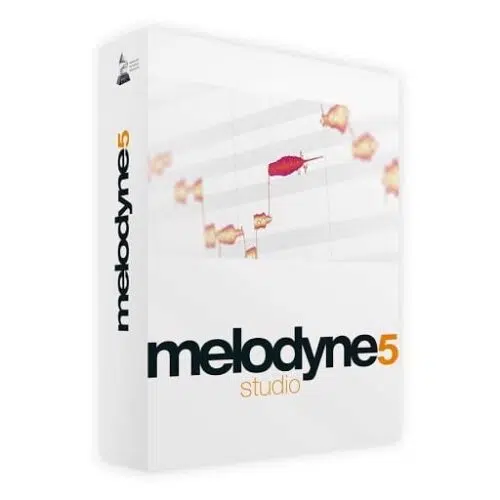 Caja de Software de Melodyne 5 Studio con imagen del plugin en blanco negro y naranja.
