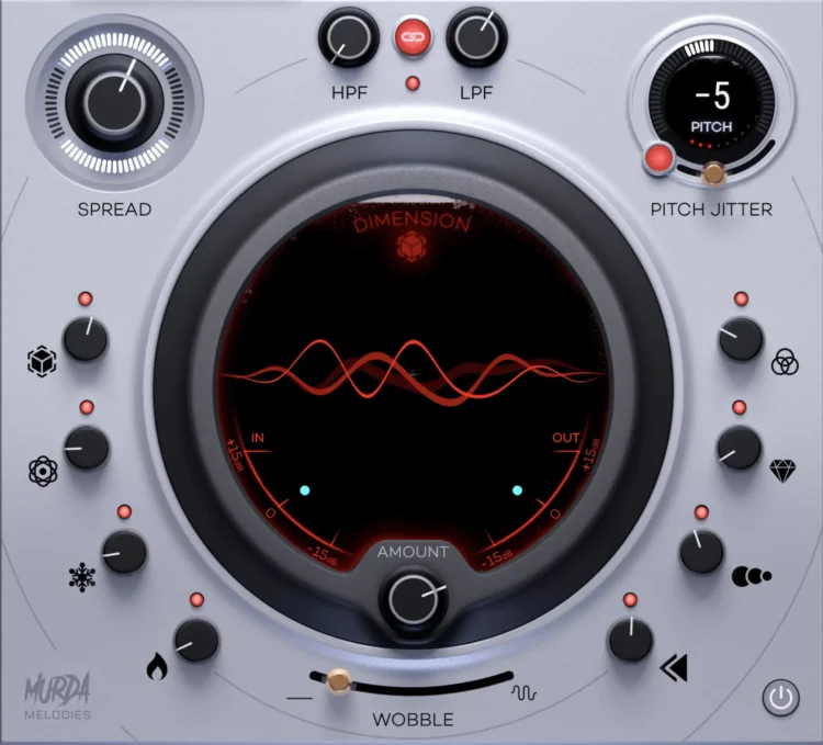 image to slate digital murda melodies with slader's, buttons and switches;circle blanck with red frecuencies. All with grey background.