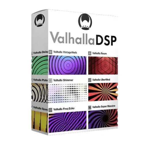 image of software box of valhalla dsp lugins bundle with images's of valhallal plugins in white background