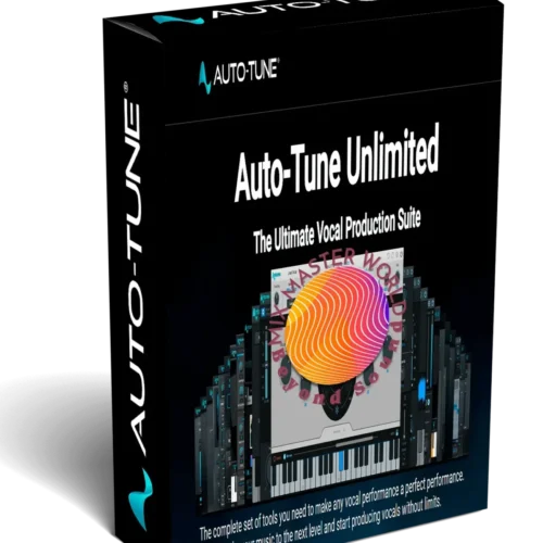 image to software box of Auto-tune Pro Unlimited with image's of plugins on black background