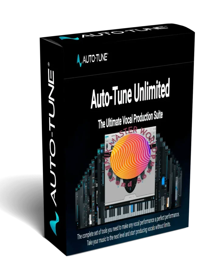 image to software box of Auto-tune Pro Unlimited with image's of plugins on black background