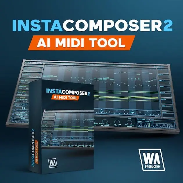 image to instacomposer 2 plugin with software box and plugin image in blue and grey background.