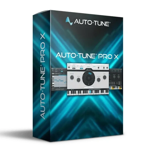 image to auto-tune pro x software box with plugin image on black and blue backgraound.