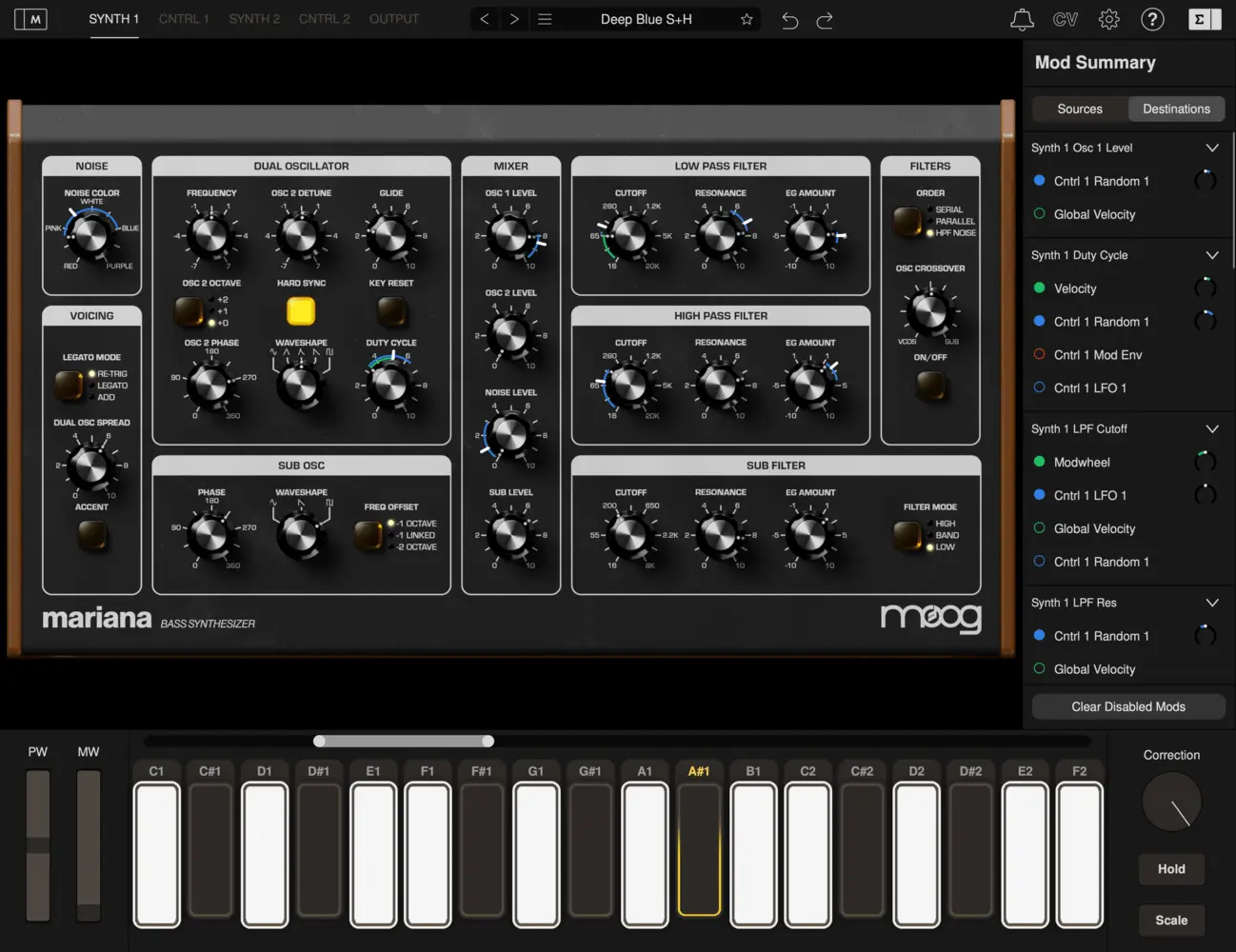 image to mariana moog music vst plugin with keyboard and knobs.