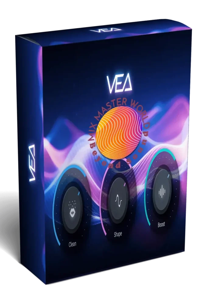 image to VEA izotope software box with VEA plugin show 3 knob in multicolor background.