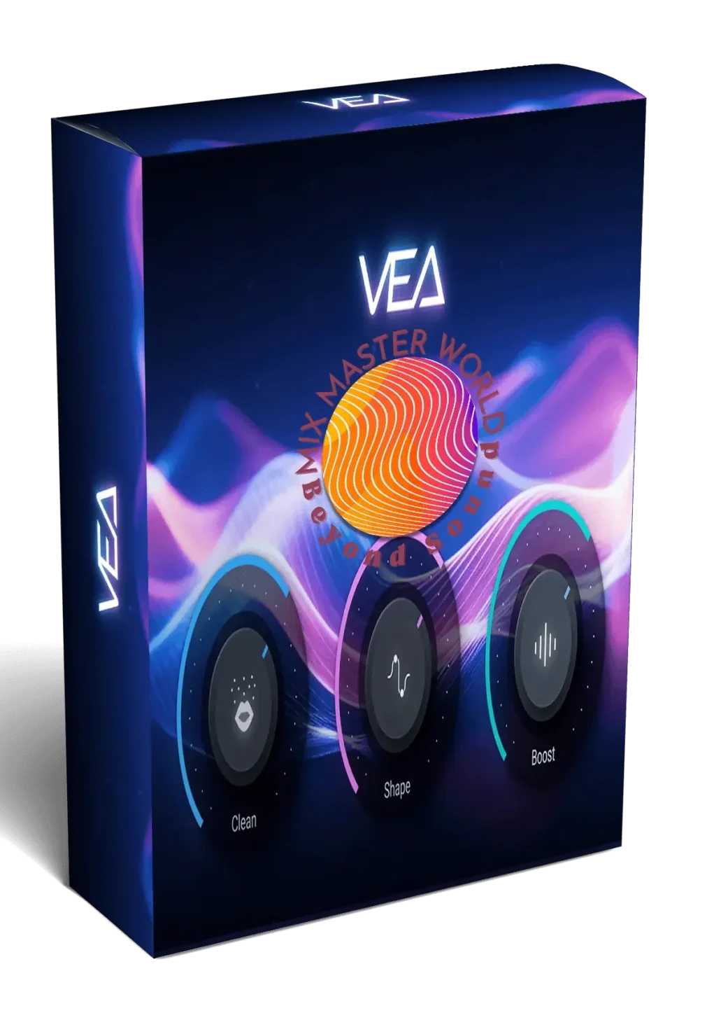 image to VEA izotope software box with VEA plugin show 3 knob in multicolor background.