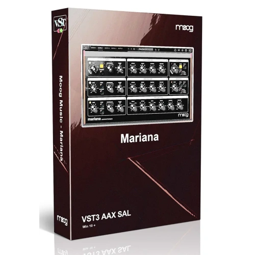 image to Mariana Moog music software box, show a image to plugin in brown background.