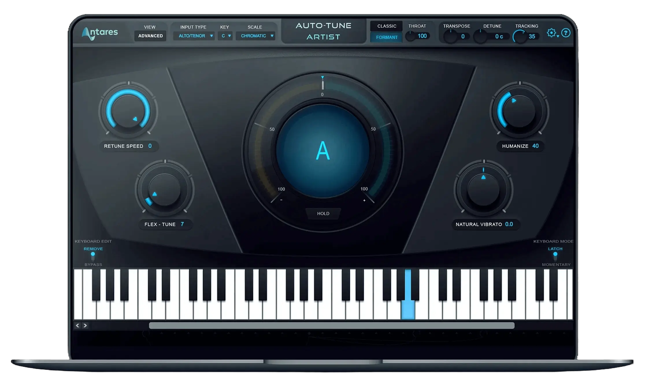 image to auto-tune pro x plugin show a keyboard and up a A key with rudders en black background.