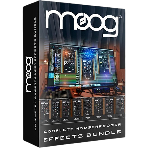 image to Complete Moogerfooger Effects Bundle software box with plugins in a computer in black background.