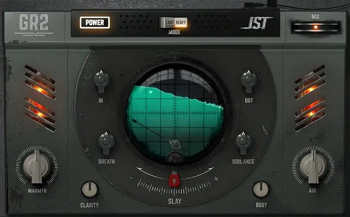 Screenshot of plugin Gain Reduction 2 JST with switches and sliders, in grey, yellowy and green colors.