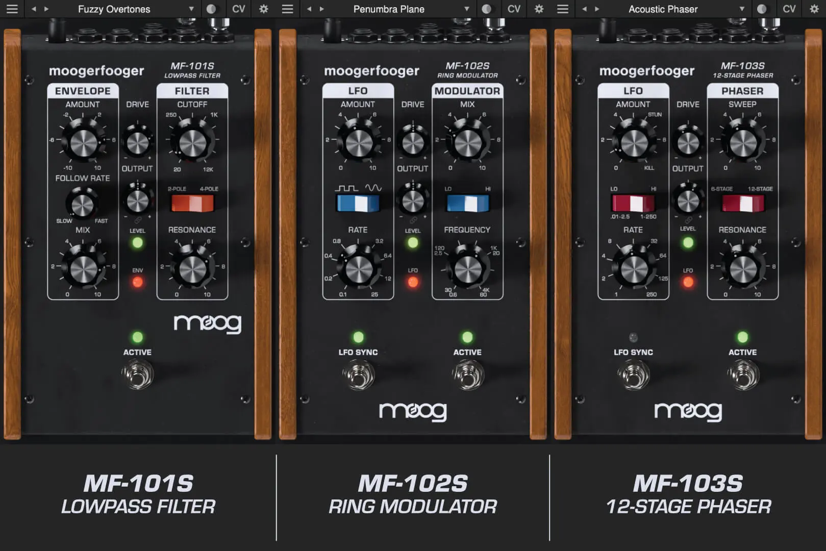 image to Complete Moogerfooger Effects Bundle, shows 3 plugins of the pack with switch, knobs, in black,white and brown.