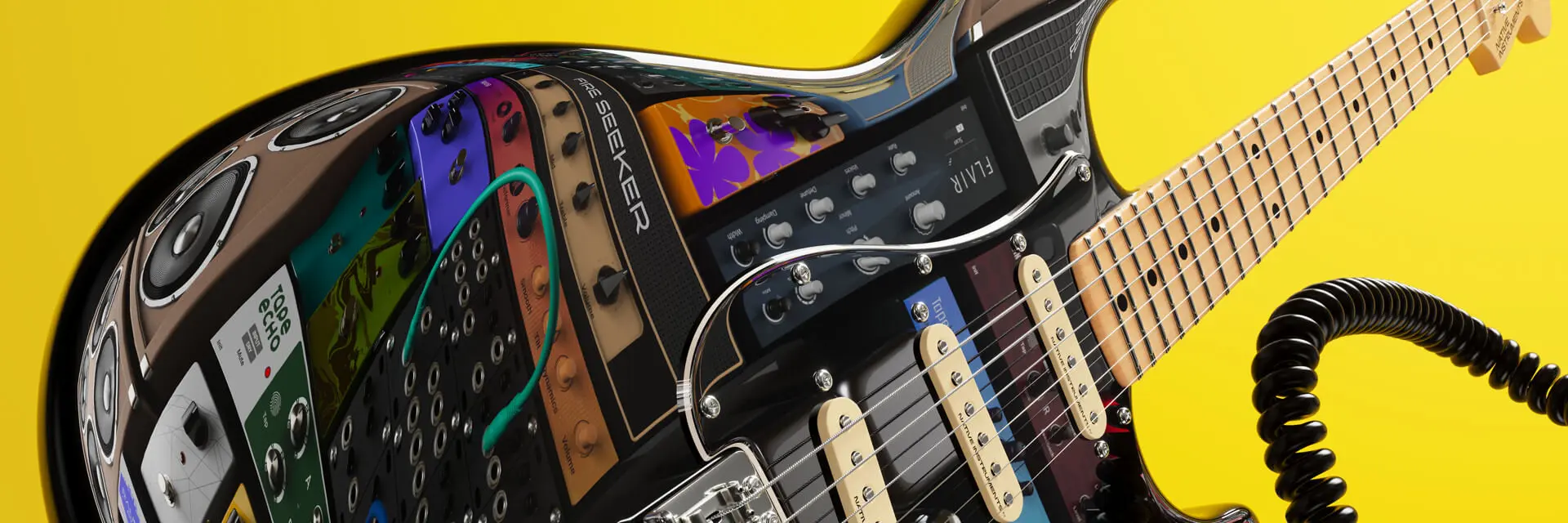 image to guitar rip pro 7 plugins of native instruments. Electric Guitar with images of plugin over. in yellow background