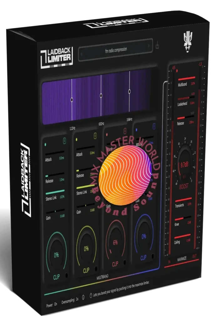 image to laidback limiter plugin software box with diverse modules and sliders in black,purple,yellow and orange colors.