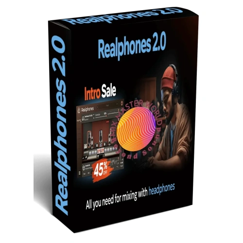screenshot of software box Realphones 2 ultimate on black background with plugin screenshot.