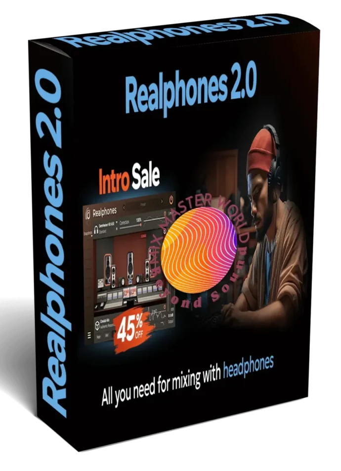 screenshot of software box Realphones 2 ultimate on black background with plugin screenshot.