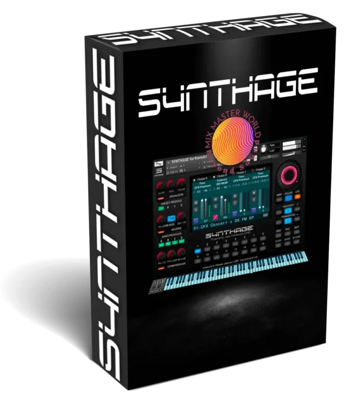 Imagen de caja de softwaer de synthage 1.4 con imagenes del plugin en la portada y negro de fondo.