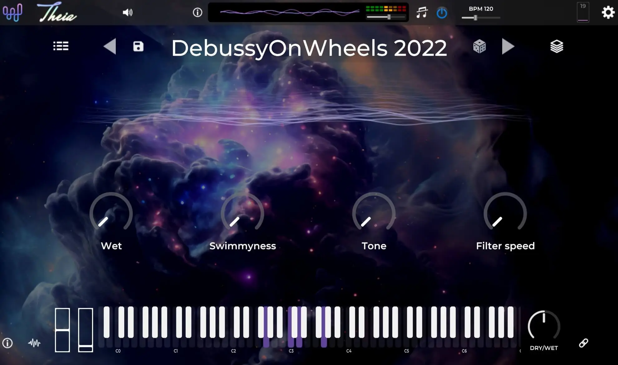 image to theia plugin show a piano with only white keys on background show a sky full of violet clouds.