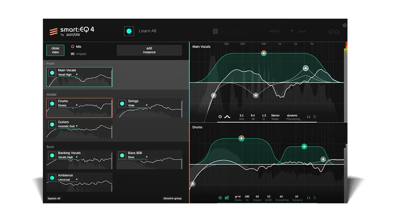 screenshot of smarteq4 sonible in black,green and white with x y graphics show the sound equalization