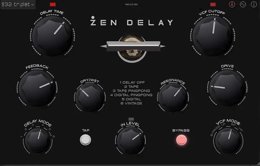 image to zen delay virtual plugin with 9 knobs all in black.